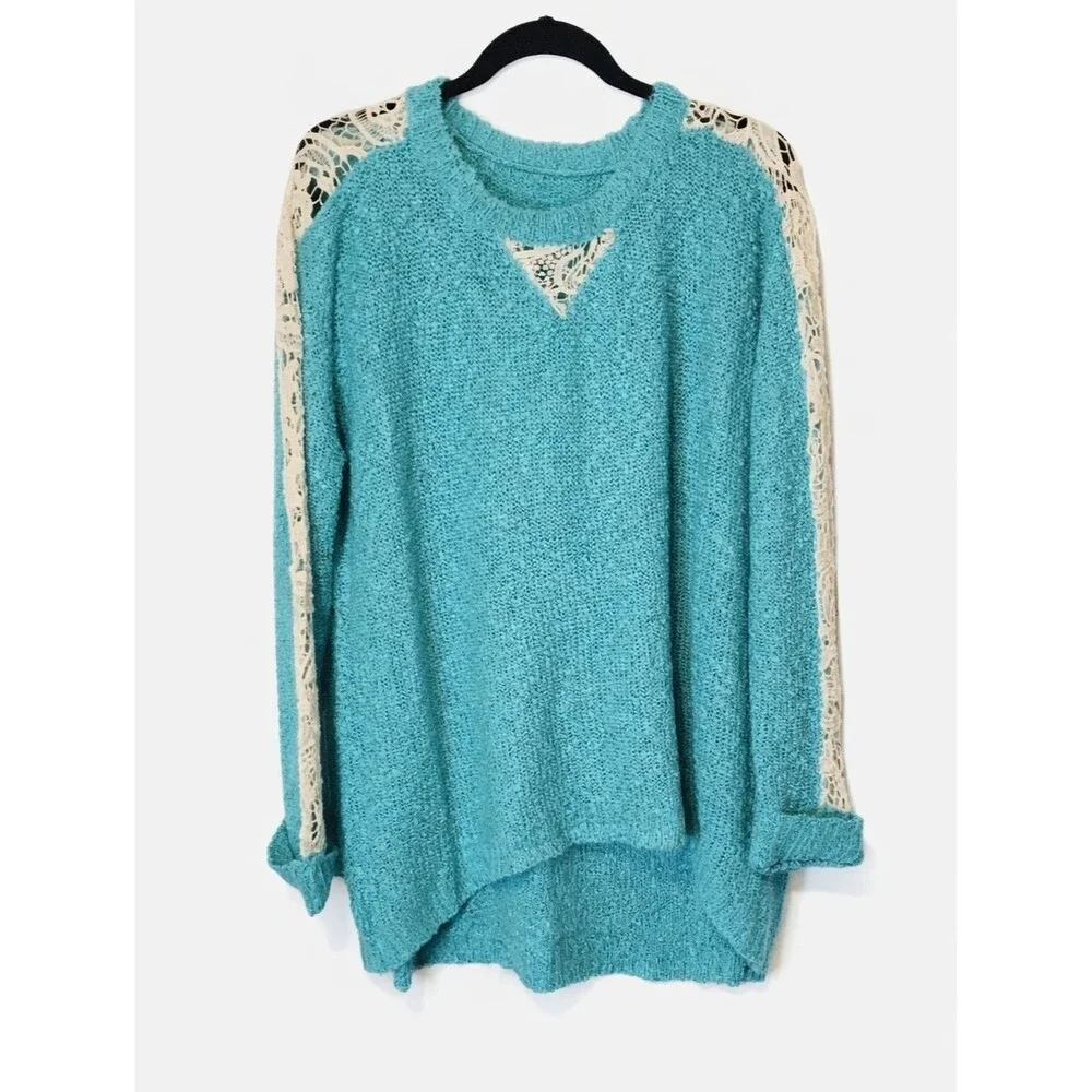 Hayden Los Angeles Aqua Blue/Green Crochet Sweater With Lace Details - NWT